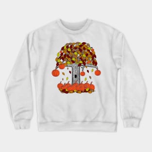 Simple Dark Tree With Pumpkins and Falling Leaves, Spooky Tree With Pumpkins leaves and pumpkins Crewneck Sweatshirt